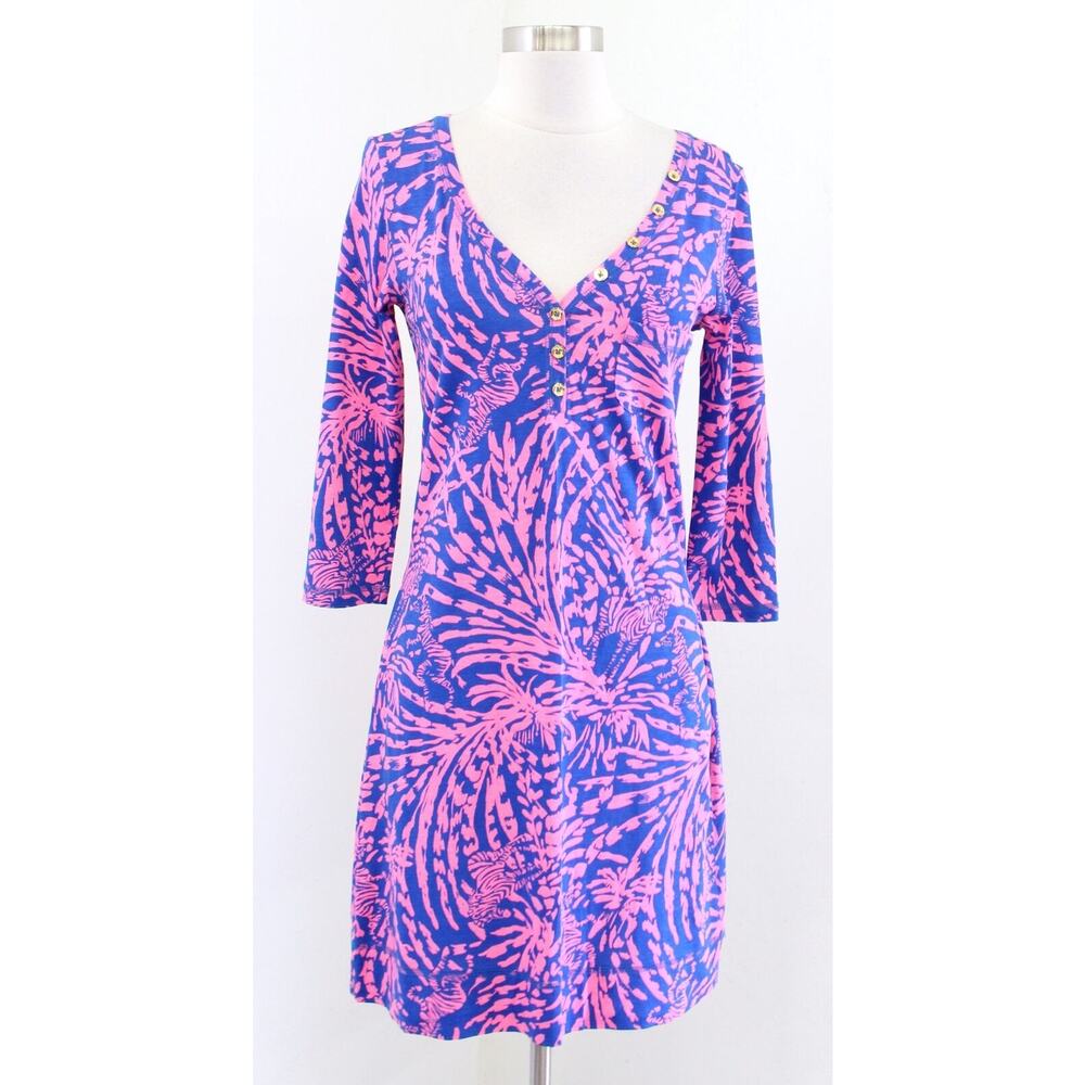 Lilly Pulitzer Palmetto Rollin in the Grass V Neck Tee Dress Size S Pink Blue